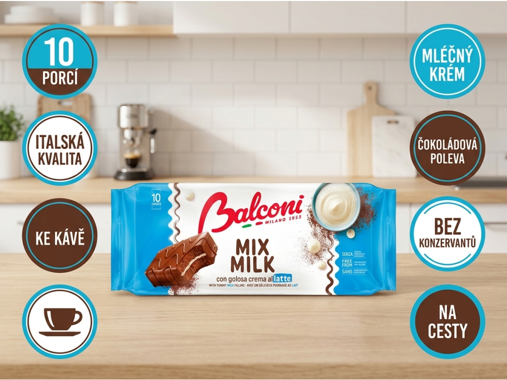Balconi Mix Milk mléčné řezy s čokoládovou polevou 10 ks, 350 g - benefity