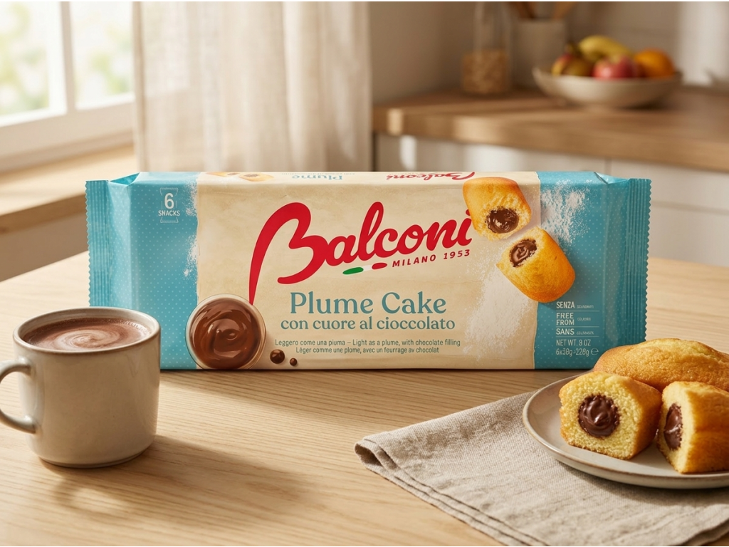 Balconi Plume Cake čokoládový moučník 6 ks, 228 g - snídaňový kontext