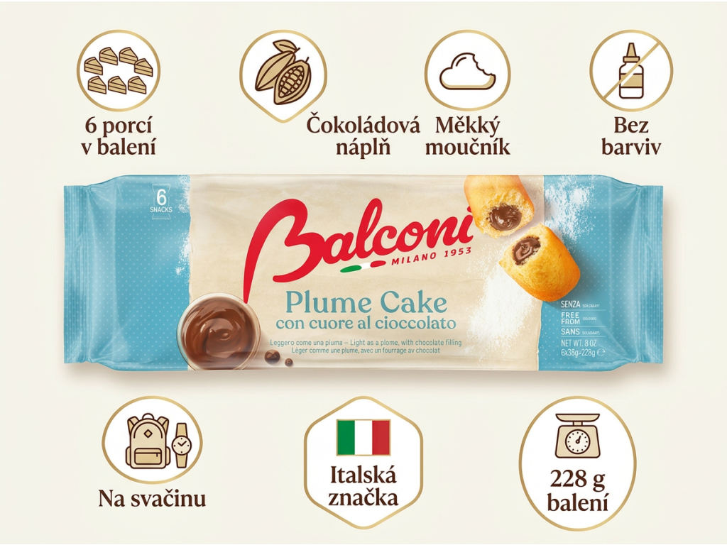 Balconi Plume Cake čokoládový moučník 6 ks, 228 g - infografika