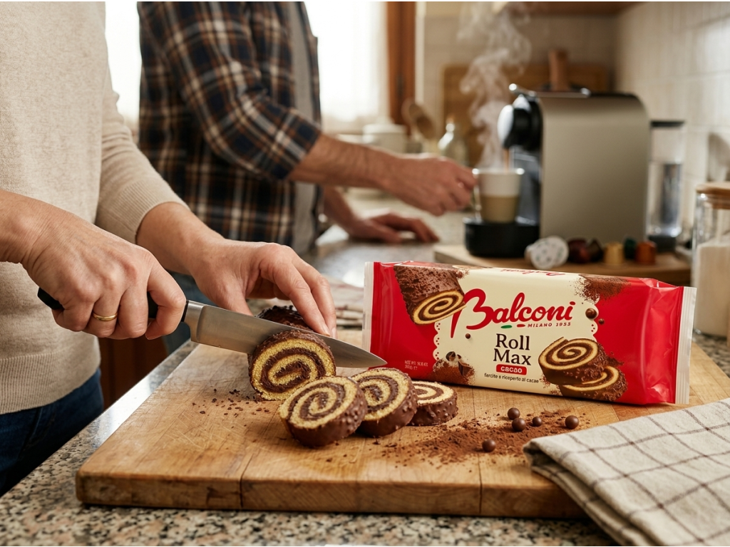 Balconi Roll Max kakaová roláda s čokoládovou polevou 300 g - krájení na plátky