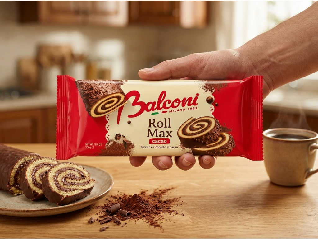 Balconi Roll Max kakaová roláda s čokoládovou polevou 300 g - prezentace v ruce