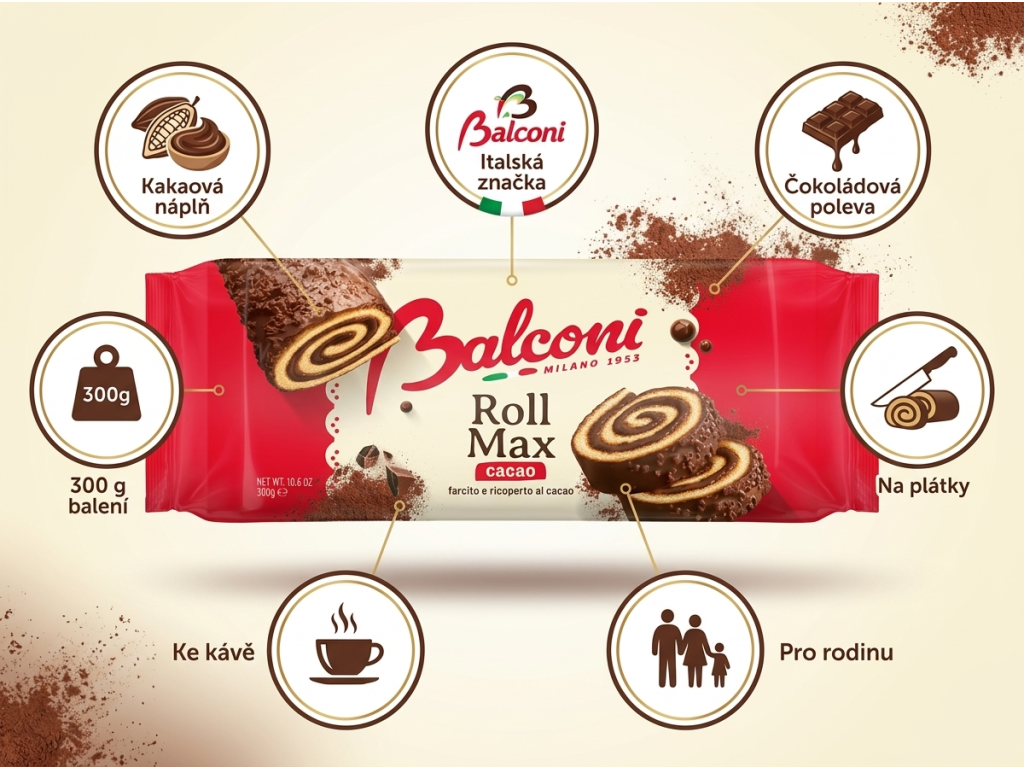 Balconi Roll Max kakaová roláda s čokoládovou polevou 300 g - hlavní benefity