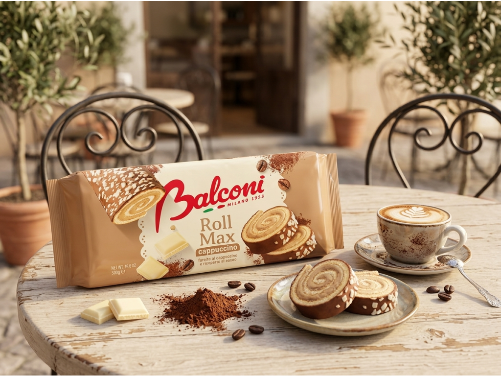 Balconi Roll Max cappuccino roláda s náplní a kakaovou polevou 300 g - coffee scene