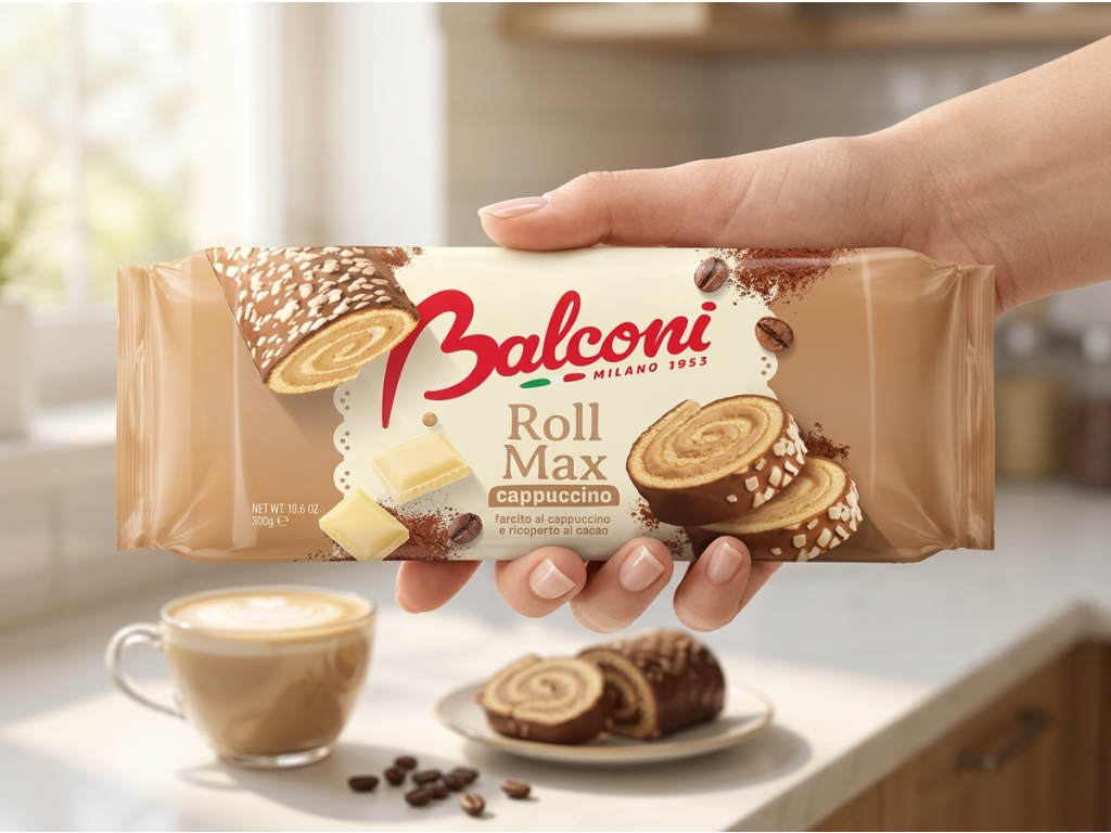 Balconi Roll Max cappuccino roláda s náplní a kakaovou polevou 300 g - package in hand