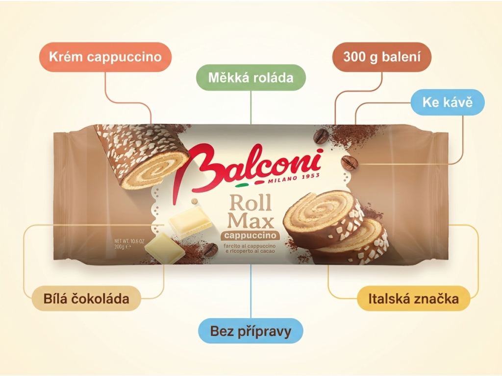 Balconi Roll Max cappuccino roláda s náplní a kakaovou polevou 300 g - benefity