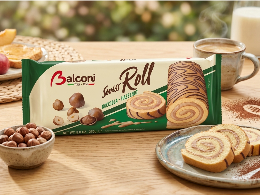 Balconi oříšková roláda Swiss Roll Nocciola - servírování s oříšky