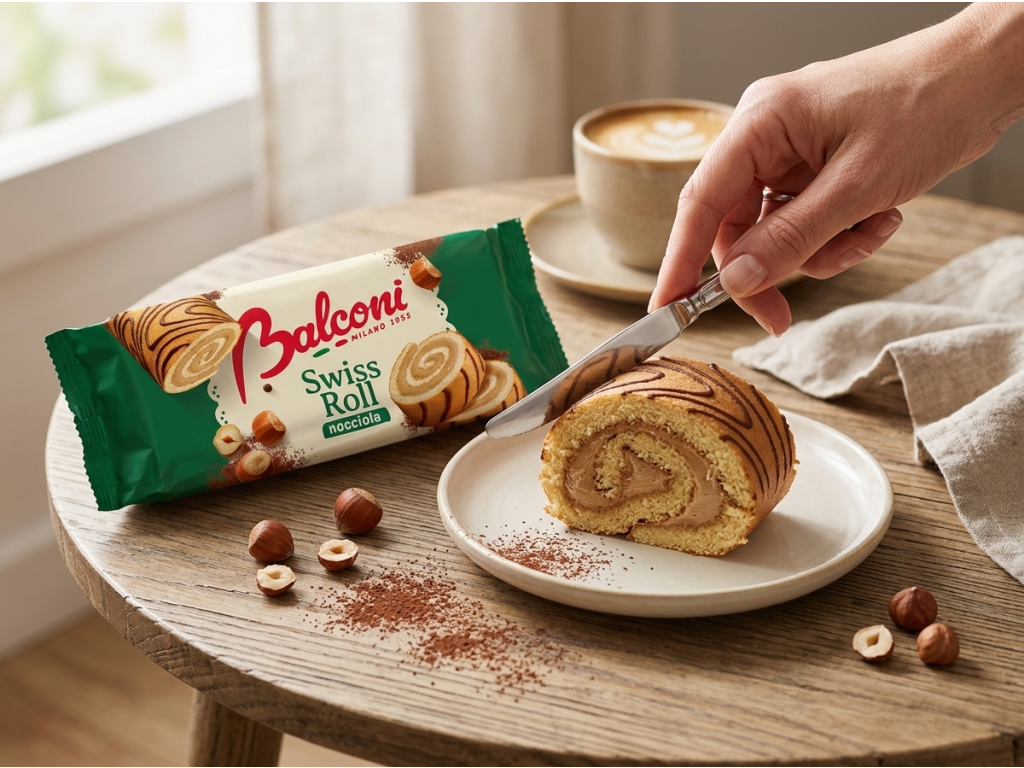 Balconi oříšková roláda Swiss Roll Nocciola - krájení a servírování