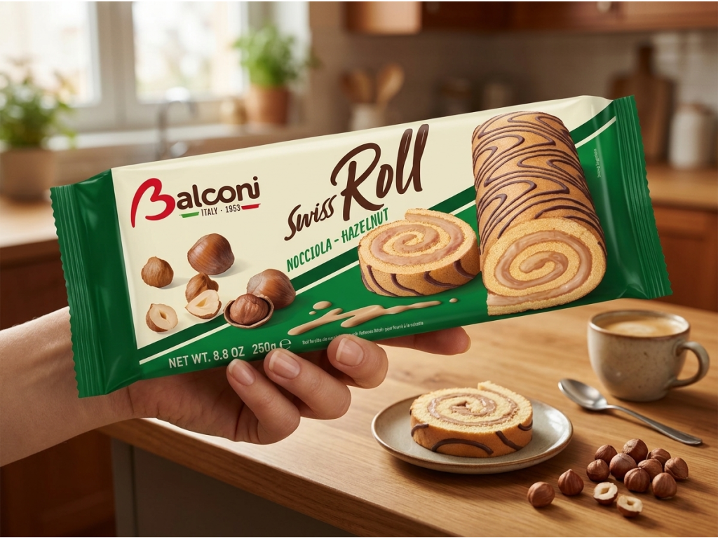 Balconi oříšková roláda Swiss Roll Nocciola - balení v ruce