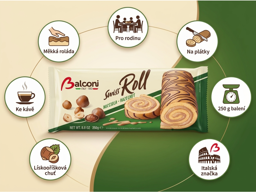Balconi oříšková roláda Swiss Roll Nocciola - hlavní výhody