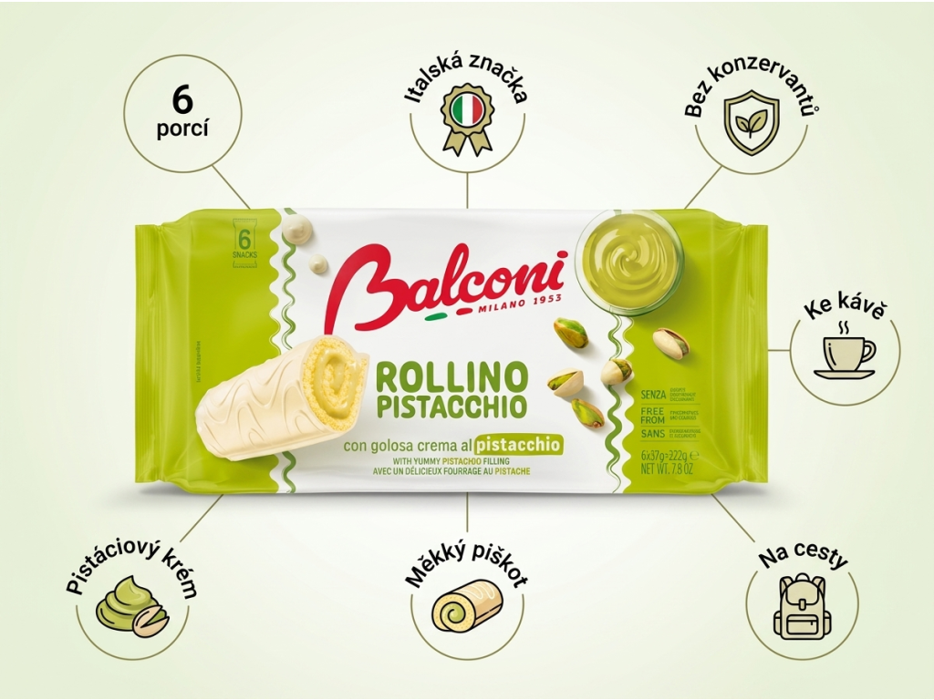 Balconi Rollino pistáciové rolky 6 ks, 222 g - infografika výhod