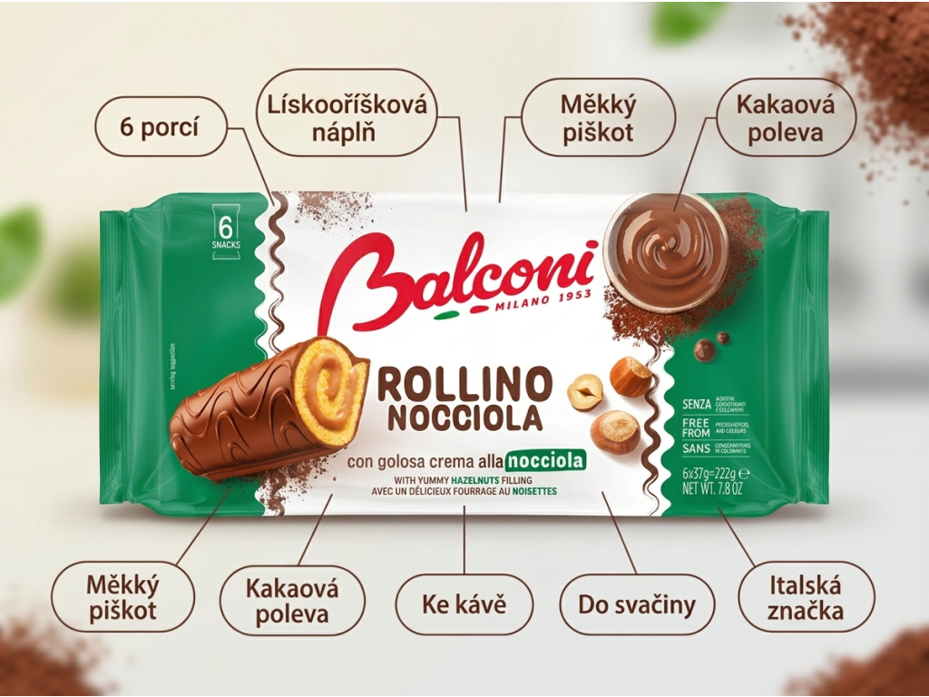 Balconi Rollino Nocciola čokoládové rolky s lískooříškovou náplní 6 ks, 222 g - hlavní benefity