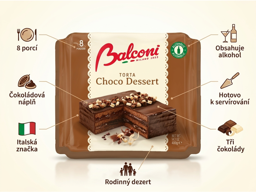 Balconi čokoládový dort Choco Dessert 400 g - výhody čokoládového dortu