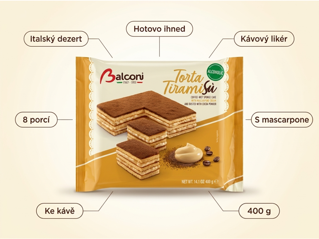 Balconi tiramisu dort s kávovým likérem 8 porcí, 400 g - benefity