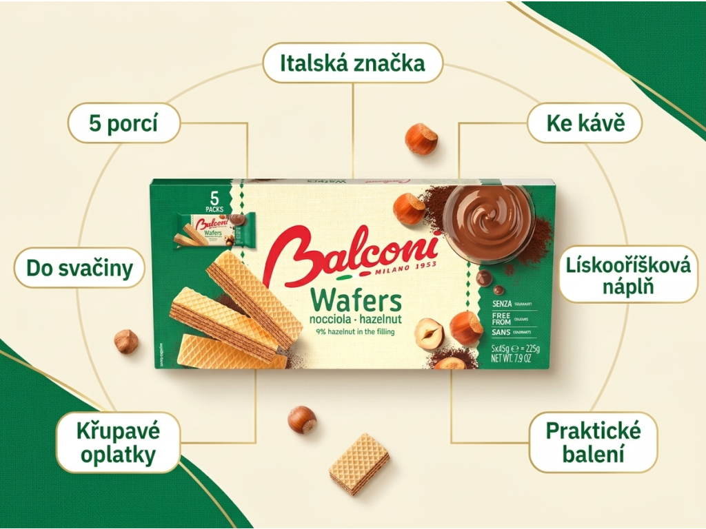 Balconi lískooříškové oplatky 5 ks, 225 g - infografika výhod
