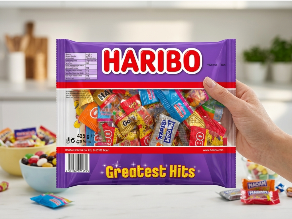 Haribo Greatest Hits Minis mix mini bonbonů 425 g - v ruce