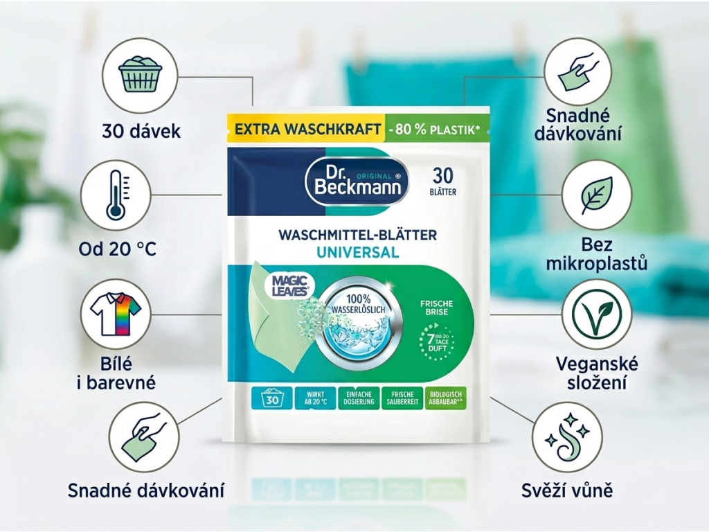 Dr. Beckmann Magic Leaves prací prostředek v listech Universal 30 dávek - výhody pracích listů