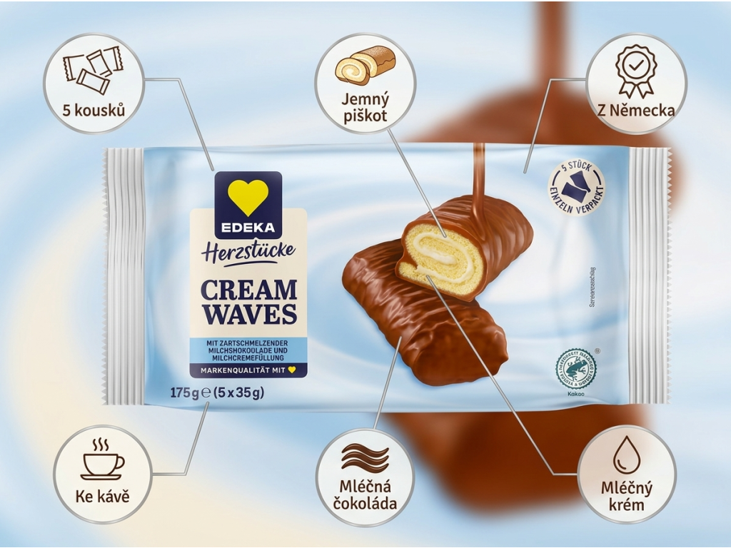 Edeka Cream Waves čokoládové rolky s mléčným krémem 175 g - hlavní výhody