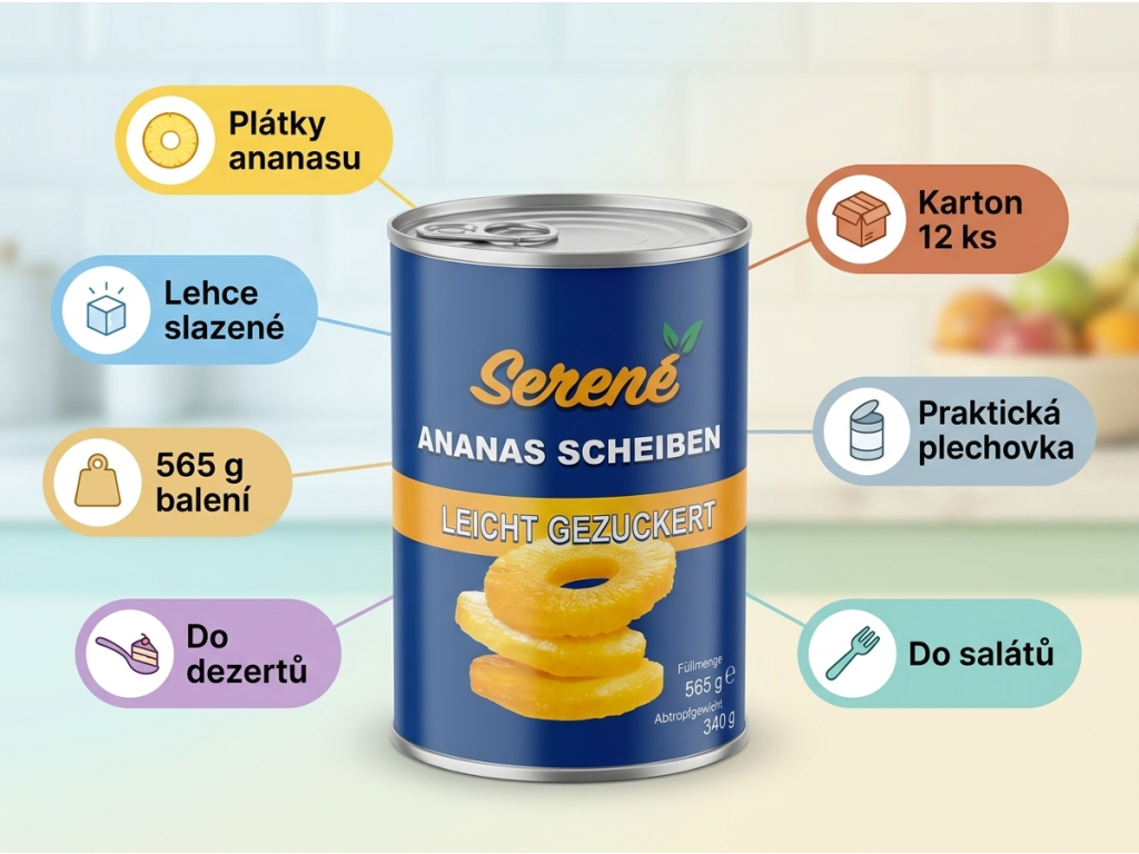 Serene ananasové plátky v lehkém sirupu 565 g, pevný podíl 340 g - benefity