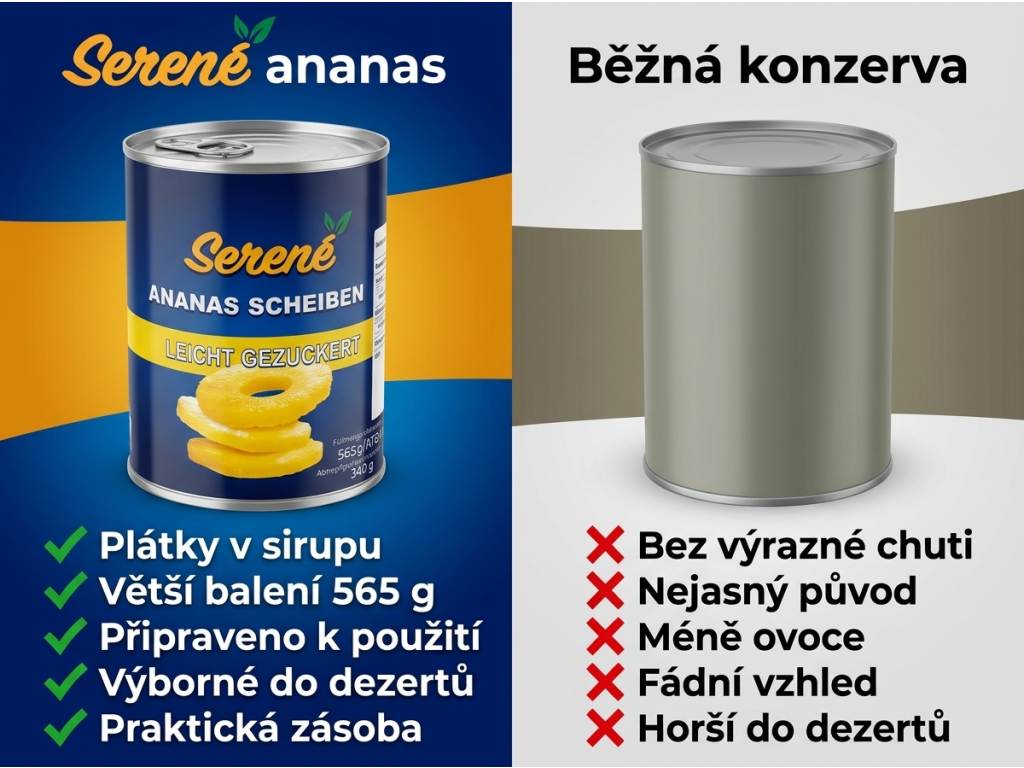 Serene ananasové plátky v lehkém sirupu 565 g, pevný podíl 340 g - srovnání