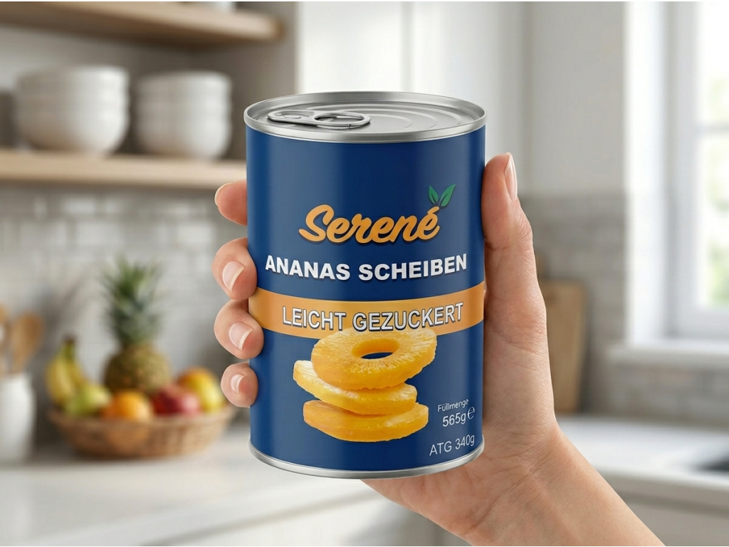 Serene ananasové plátky v lehkém sirupu 565 g, pevný podíl 340 g - plechovka v ruce