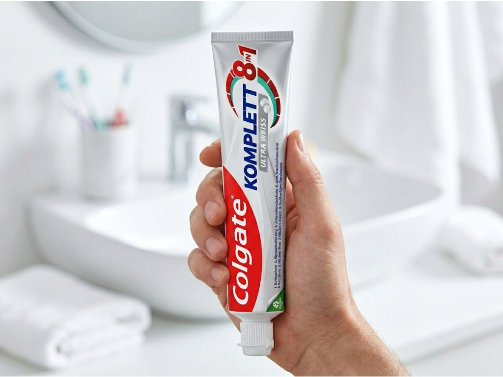 Colgate zubní pasta Kompletní péče 8v1 pro přirozeně bílé zuby 75 ml - produkt v ruce