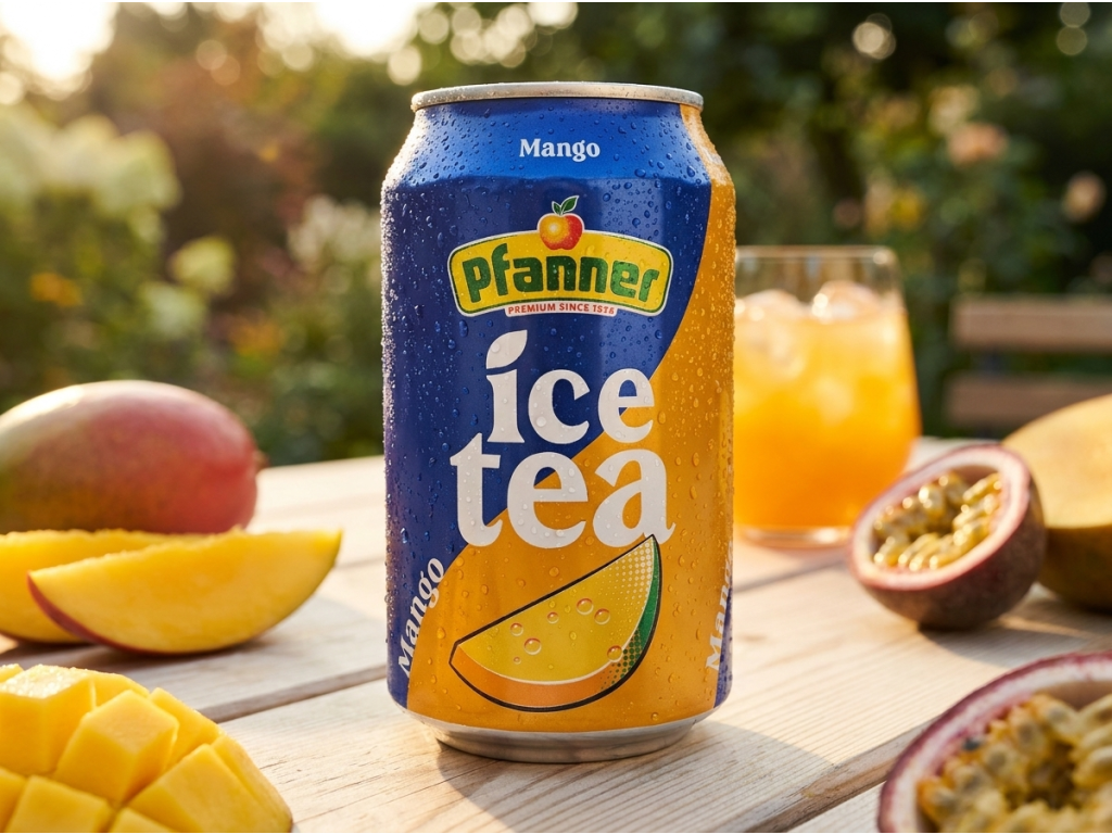 Pfanner ledový čaj mango v letním prostředí