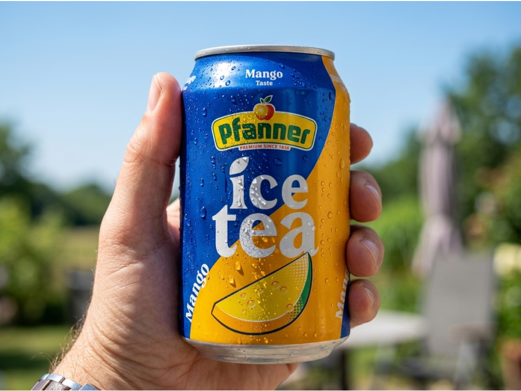 Pfanner ledový čaj mango v ruce