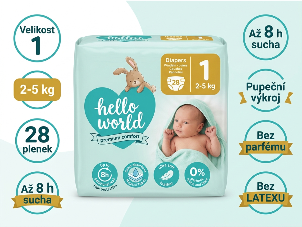 Hello World Premium Comfort dětské pleny Newborn 1, 28 ks - přehled výhod