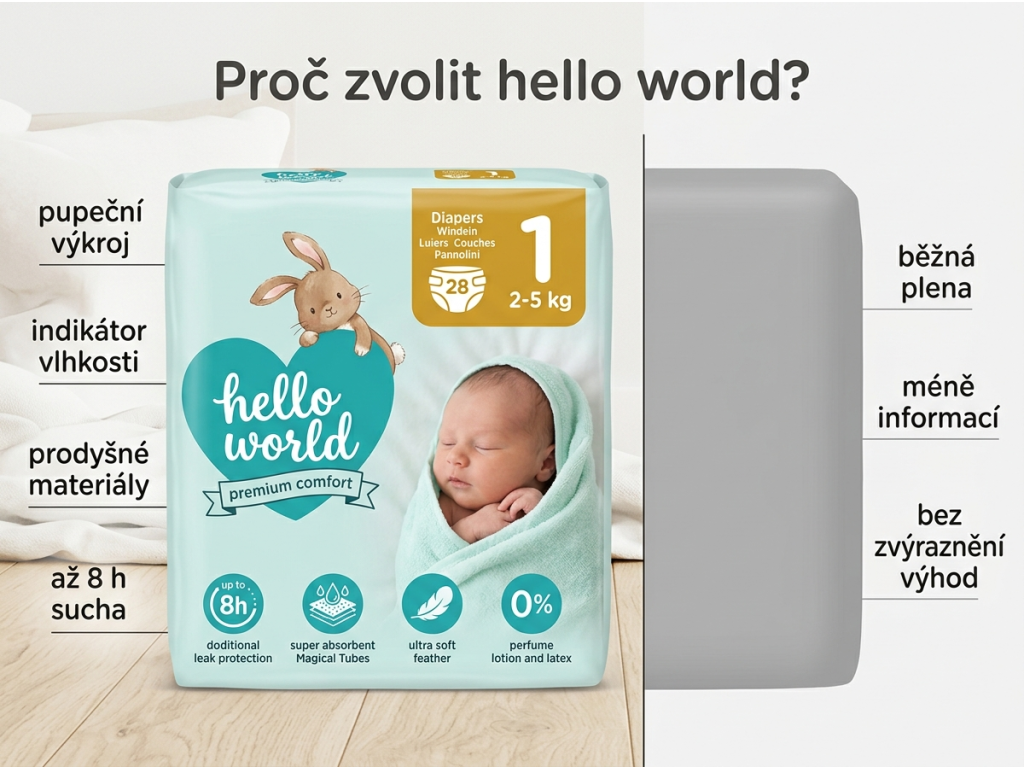 Hello World Premium Comfort dětské pleny Newborn 1, 28 ks - srovnání výhod