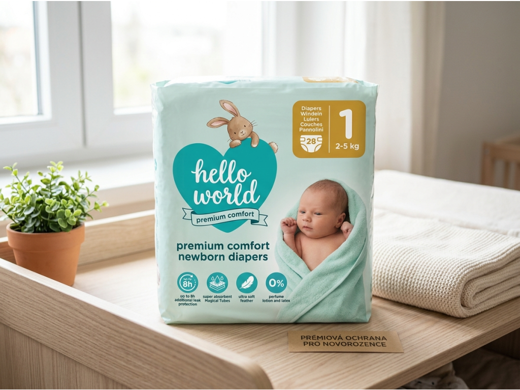 Hello World Premium Comfort dětské pleny Newborn 1, 28 ks - v dětském pokoji