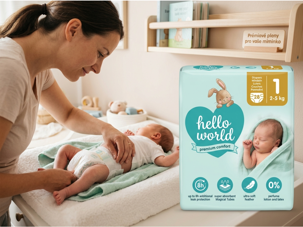 Hello World Premium Comfort dětské pleny Newborn 1, 28 ks - použití při přebalování
