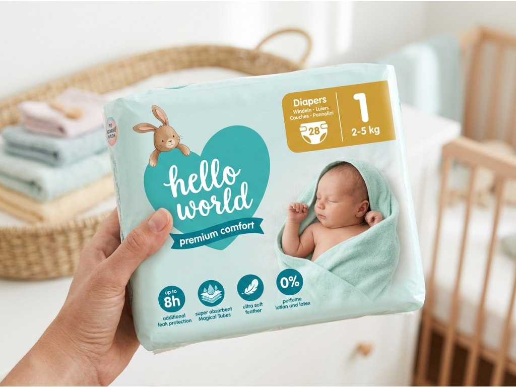 Hello World Premium Comfort dětské pleny Newborn 1, 28 ks - balení v ruce