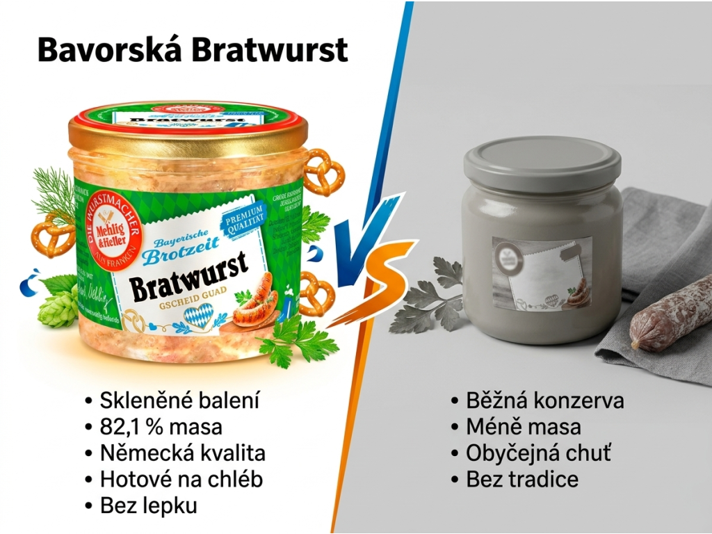 Mehlig & Heller bavorská klobásová specialita ve skle 250 g - srovnání s běžnou konzervou
