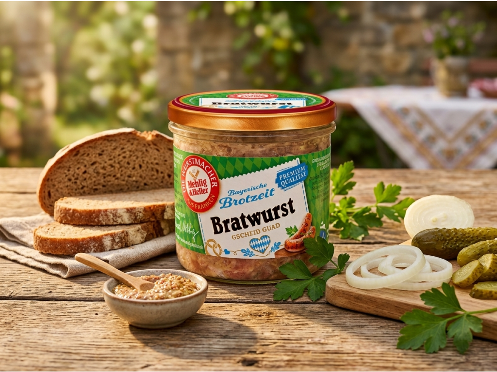 Mehlig & Heller bavorská klobásová specialita ve skle 250 g - servírování na dřevěné desce