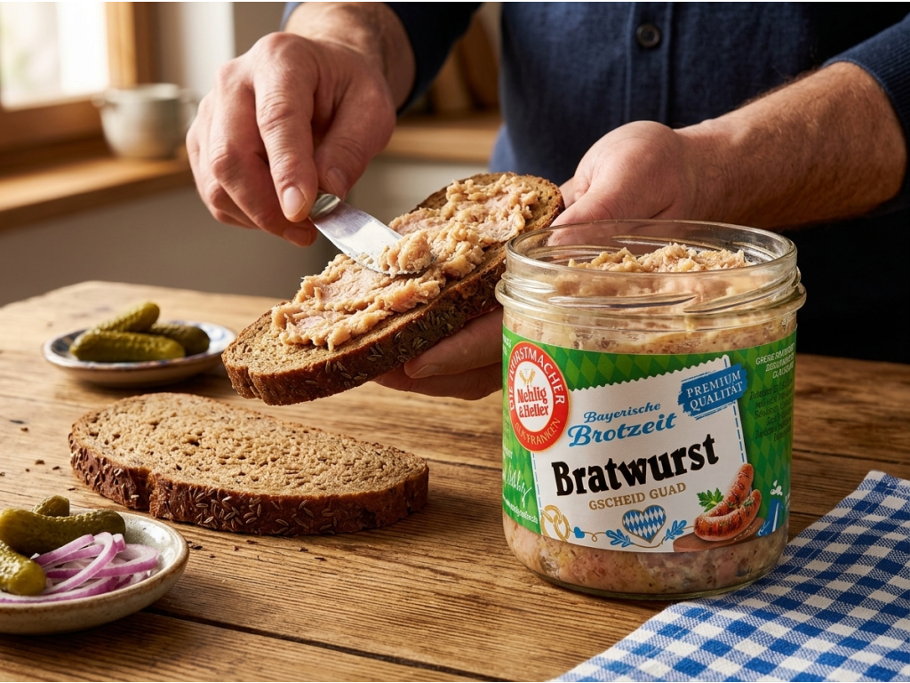 Mehlig & Heller bavorská klobásová specialita ve skle 250 g - příprava svačiny