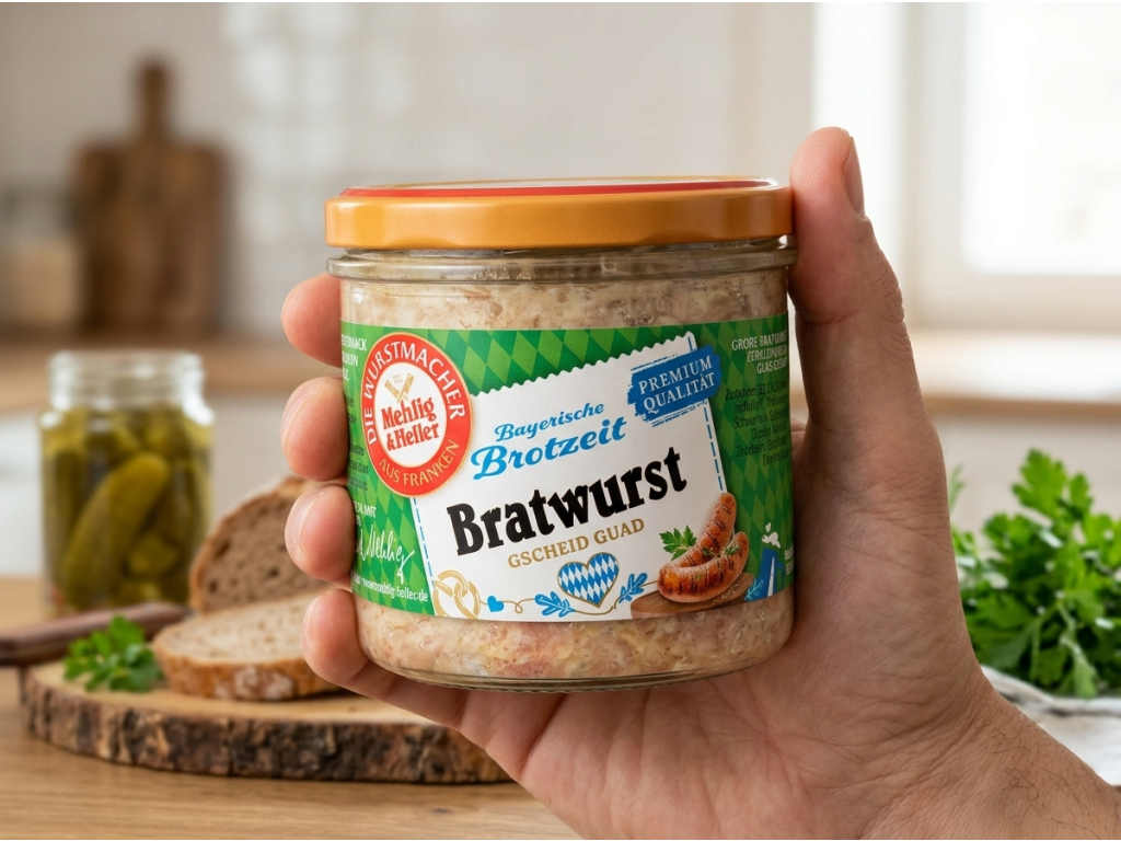 Mehlig & Heller bavorská klobásová specialita ve skle 250 g - sklenice v ruce