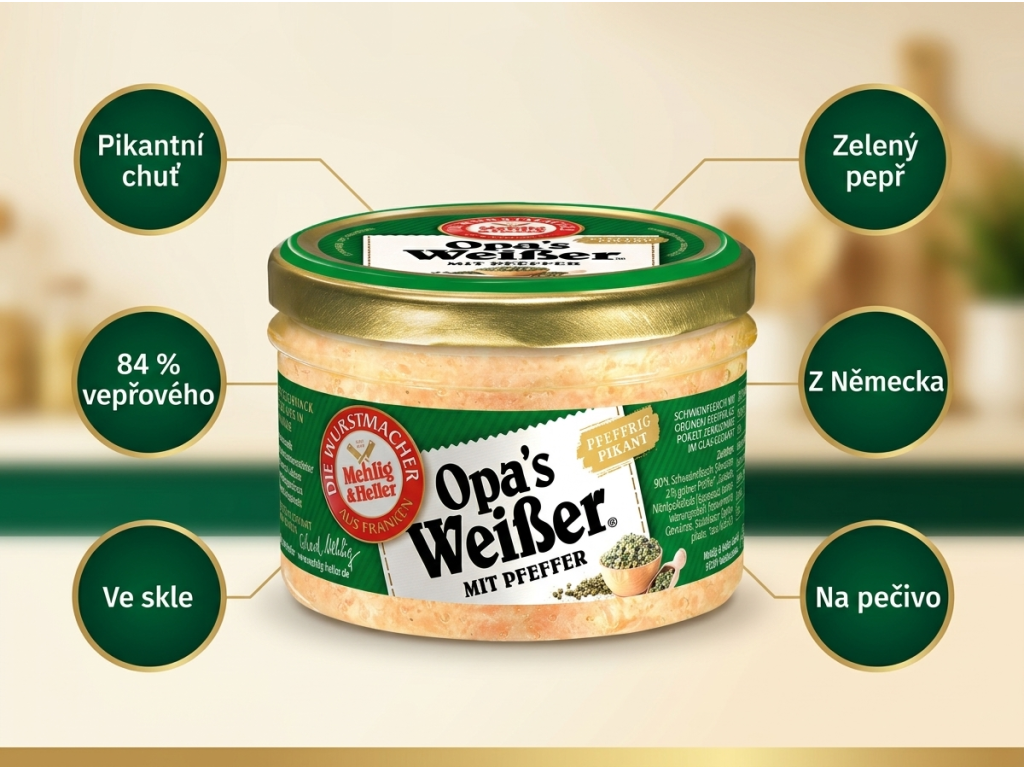 Mehlig & Heller Opa's Weißer s pepřem vepřová masová specialita ve skle 200 g - infografika