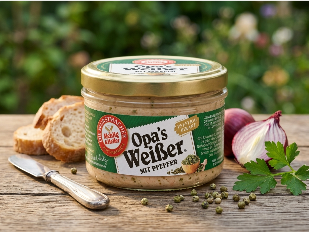 Mehlig & Heller Opa's Weißer s pepřem vepřová masová specialita ve skle 200 g - servírování v přírodním stylu