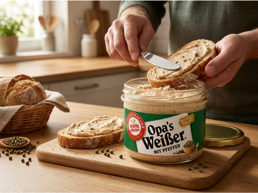 Mehlig & Heller Opa's Weißer s pepřem vepřová masová specialita ve skle 200 g - použití na pečivo