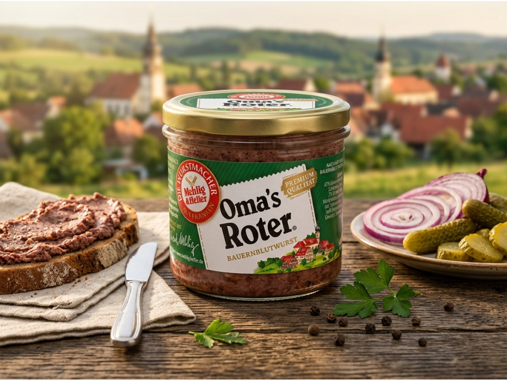 Mehlig & Heller Oma's Roter krvavá masová pomazánka ve skle 250 g - servírování