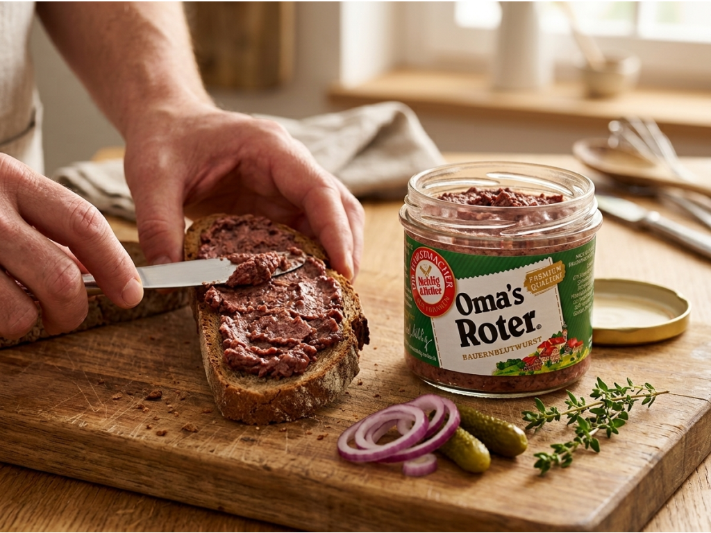 Mehlig & Heller Oma's Roter krvavá masová pomazánka ve skle 250 g - použití na pečivu