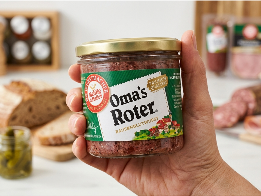 Mehlig & Heller Oma's Roter krvavá masová pomazánka ve skle 250 g - balení v ruce