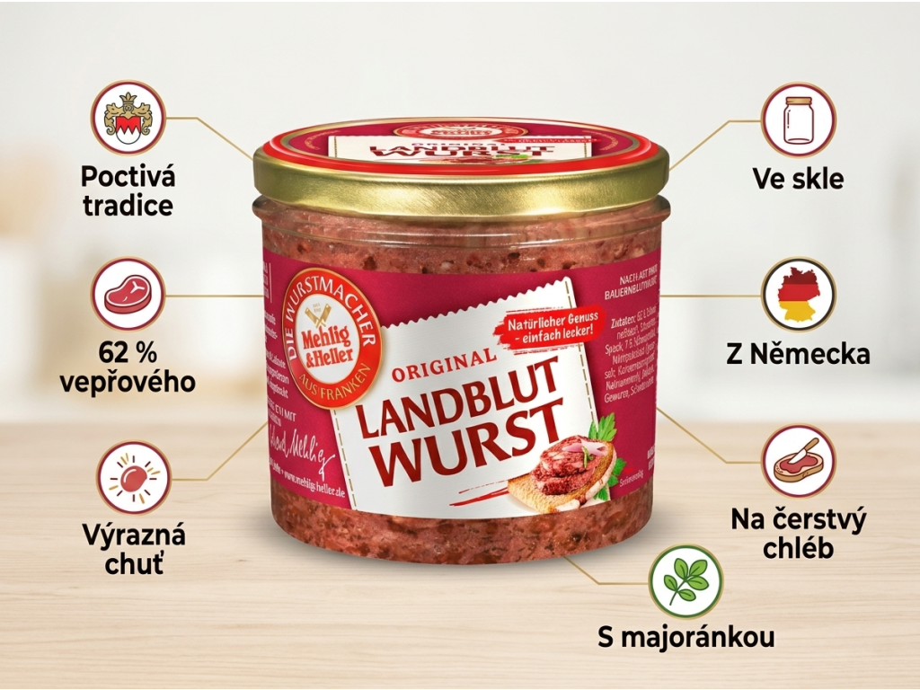 Mehlig & Heller venkovská krvavá klobása ve skle 250 g - infografika