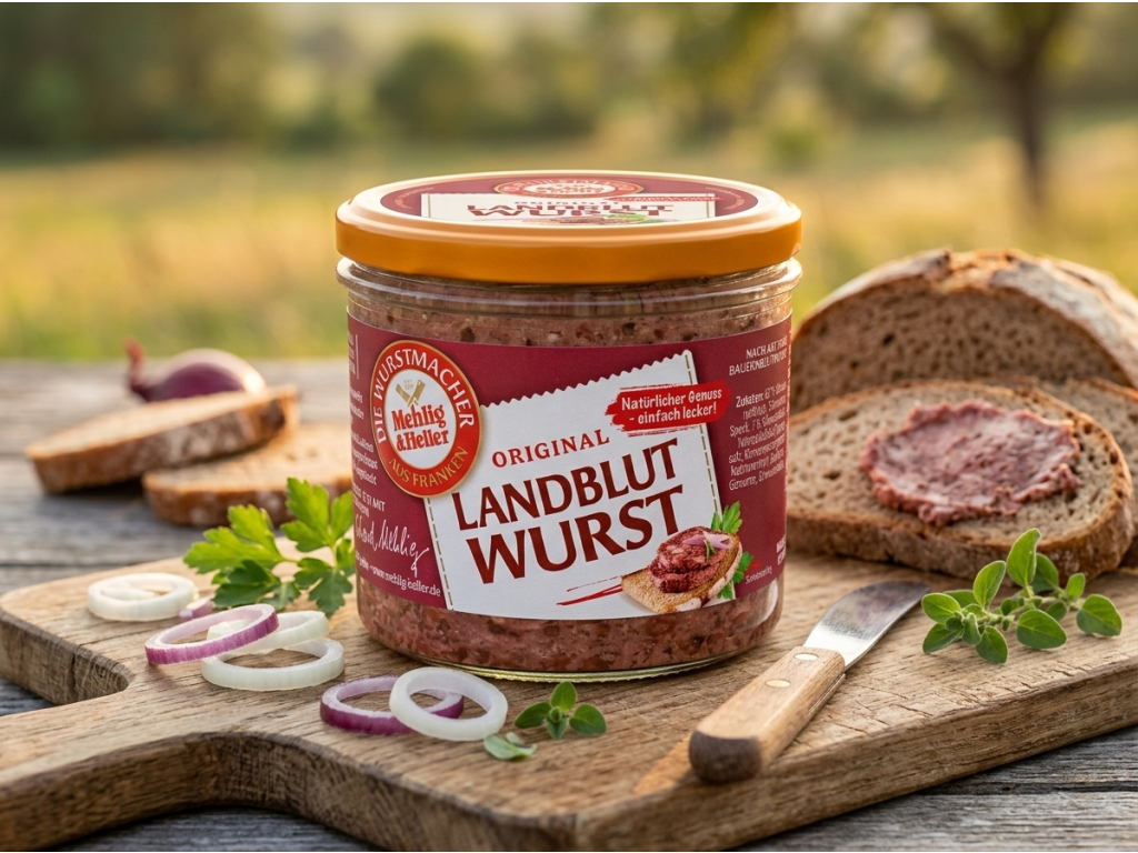 Mehlig & Heller venkovská krvavá klobása ve skle 250 g - servírování v přírodním stylu
