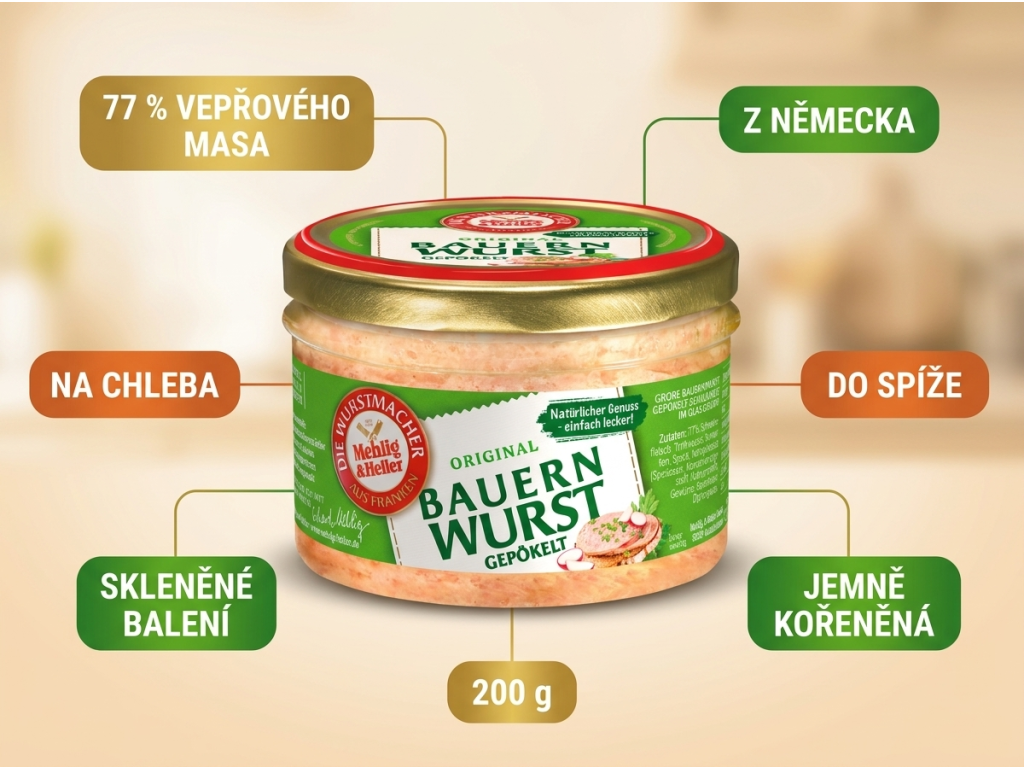 Mehlig & Heller selská klobásová specialita ve skle 200 g - hlavní výhody