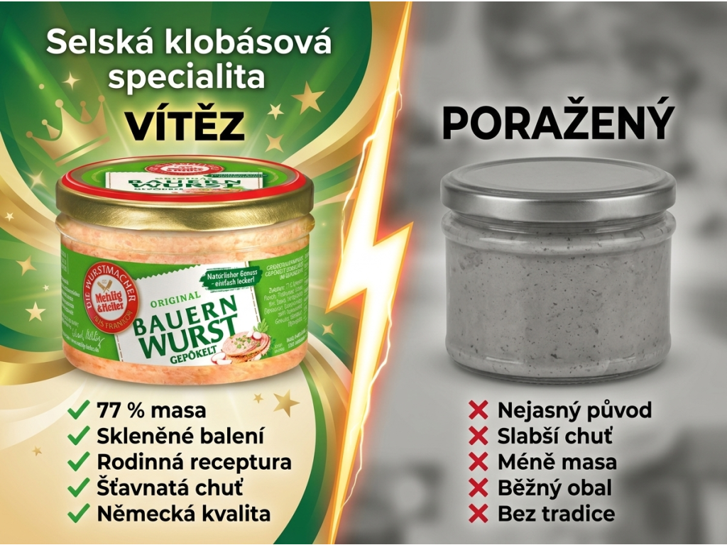 Mehlig & Heller selská klobásová specialita ve skle 200 g - srovnání s běžnou nabídkou