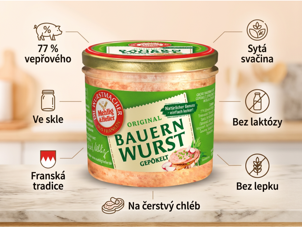 Mehlig & Heller selská vepřová klobása ve skle 250 g - výhody