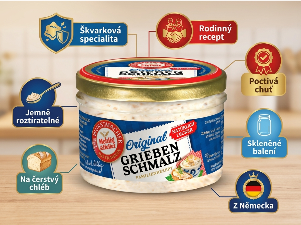 Mehlig & Heller přírodní škvarkové sádlo ve skle 160 g - hlavní výhody