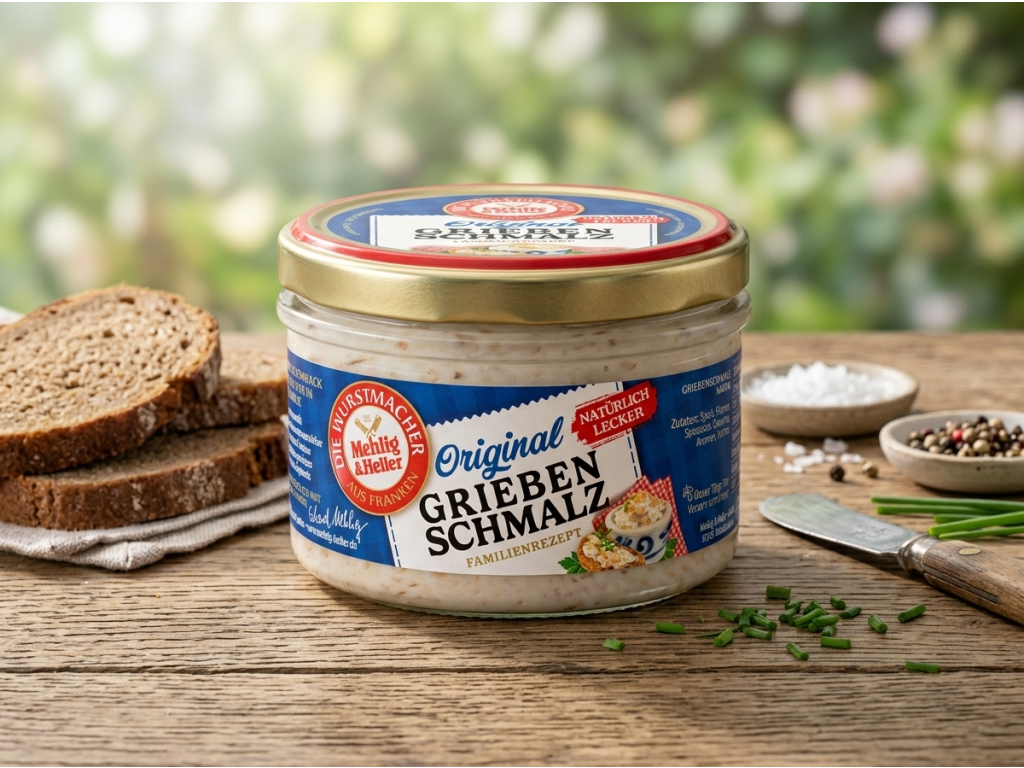 Mehlig & Heller přírodní škvarkové sádlo ve skle 160 g - servírování s pečivem