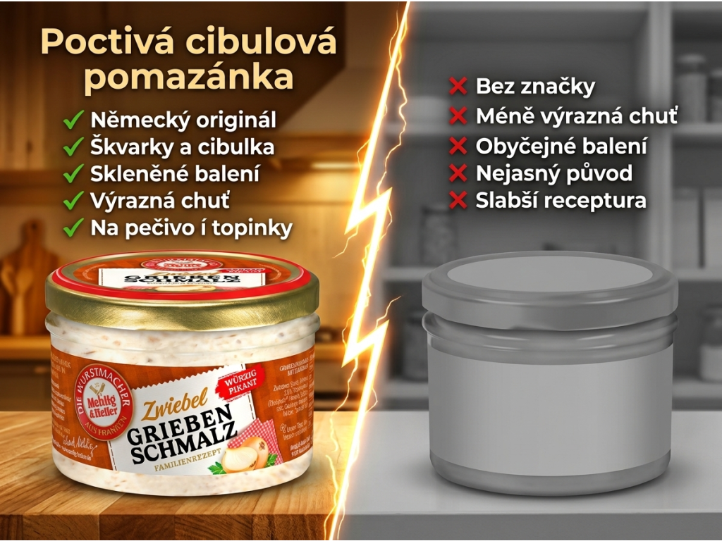 Mehlig & Heller škvarkové sádlo s cibulkou 160 g - srovnání s běžnou pomazánkou